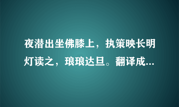 夜潜出坐佛膝上，执策映长明灯读之，琅琅达旦。翻译成现代意思