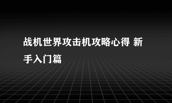 战机世界攻击机攻略心得 新手入门篇