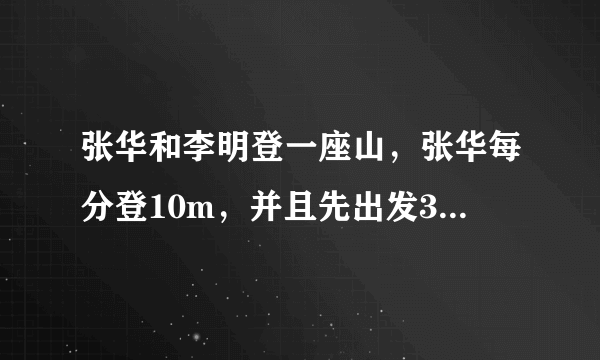 张华和李明登一座山，张华每分登10m，并且先出发30min(分)，李明每分登高15m，两人同时登上