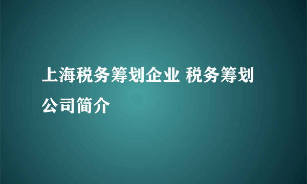 上海税务筹划企业 税务筹划公司简介