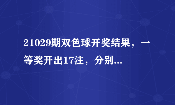 21029期双色球开奖结果，一等奖开出17注，分别出现在这11个地方