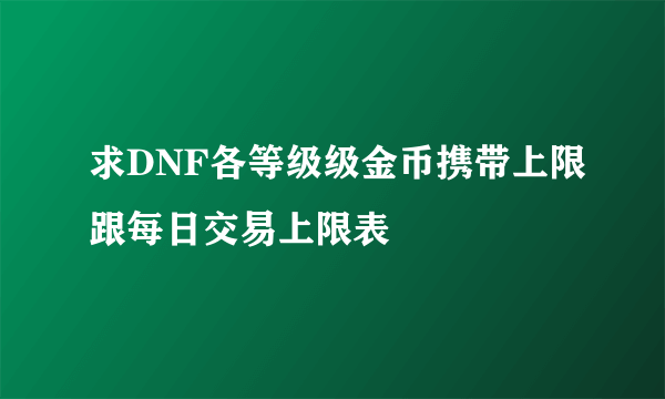 求DNF各等级级金币携带上限跟每日交易上限表